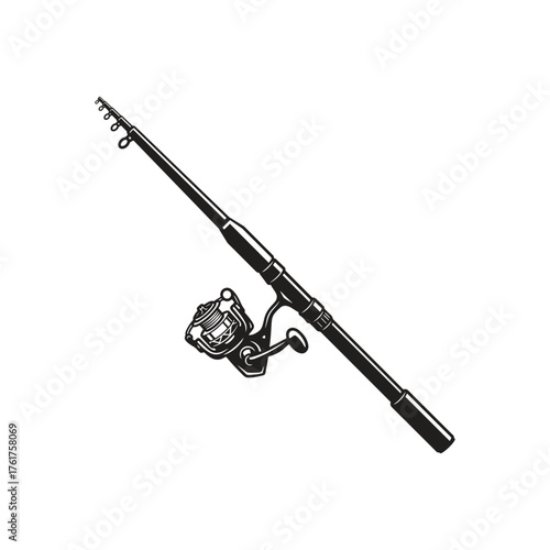 Detailed Black Silhouette of a Modern Spinning Fishing Rod and Reel