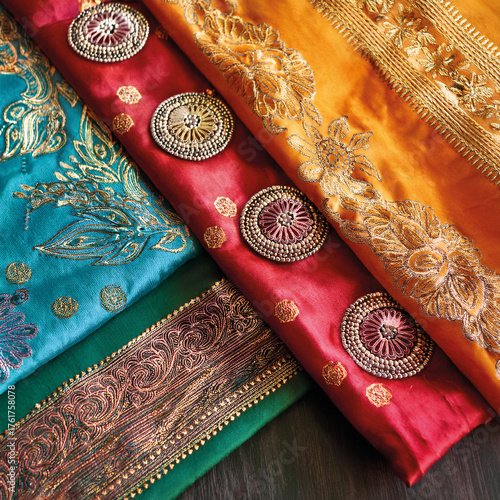 Flat lay of colorful Indian fabrics with intricate embroidery