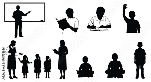 Silhouette illustration of students and teachers in various poses