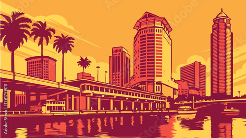 Tampa skyline vector showcasing floridas iconic waterfront views perfect for travel brochures, city guides, and skyline postcards.