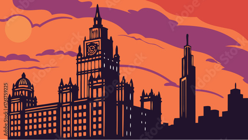 Dallas skyline vector with shades of orange reimagining moscow. Suitable for travel, cityscape, and skyline themes in graphic design projects.