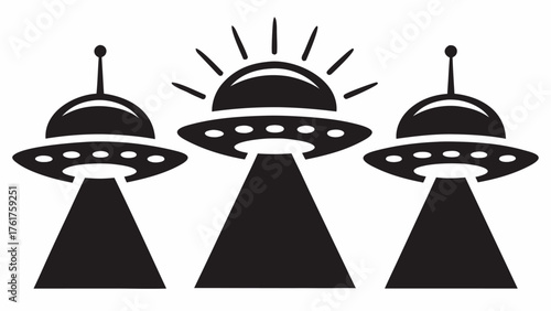 Mysterious UFO fleet hovers with an enigmatic sunburst, a cosmic encounter beckons, perfect for science fiction, fantasy and otherworldly designs