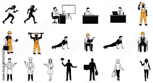 Illustration of various professions including runner, interviewer, office worker, construction worker