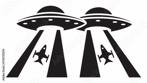 Bold UFO Invasion Design Graphic, Two Flying Saucers Landing with Beams of Light, Perfect for Sci-Fi, Fantasy, and Retro-Futurism Projects