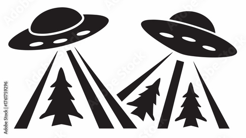 UFOs abducting trees in forest, a fun and playful silhouette design that evokes wonder and sci-fi adventure, perfect for creative projects