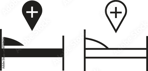 Hospital bed icon set with medical healthcare symbols in flat and outline vectors illustration of patient bed, clinic equipment, emergency ward, intensive care, and hospital service designs concept.