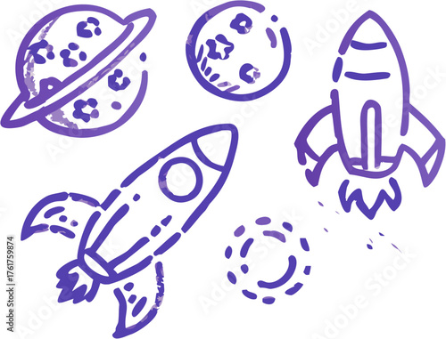 Embark on cosmic adventures with hand-drawn style planets and rockets, perfect for children's books, educational materials, and playful designs that spark imagination