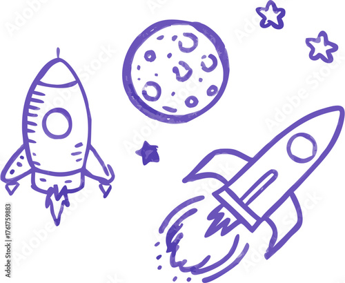 Hand-Drawn Rockets Soaring to the Moon and Stars, Whimsical Space Adventure for Kids' Designs and Imaginative Projects, Ready for Lift Off