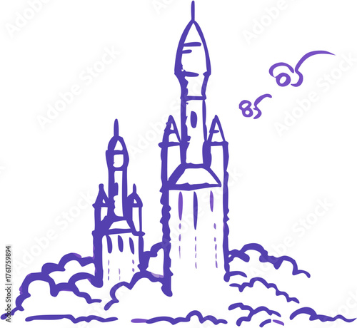 Whimsical castle rocket launch, a fun and creative design, perfect for children's books, fantasy themes, and imaginative projects, originally vector based.