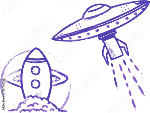 Whimsical spaceship doodles, a playful UFO soaring above a rocket taking off, perfect for creative projects and children's designs, originally a vector graphic