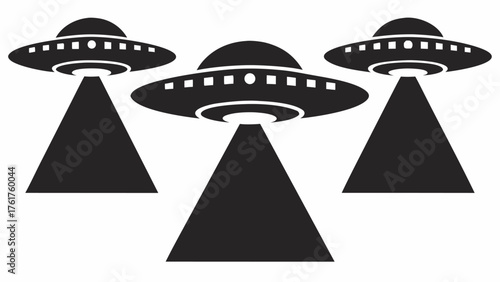 Mysterious UFO fleet invading earth, modern vector art, alien abduction concept, science fiction icon, perfect for digital designs, graphic elements and creative projects