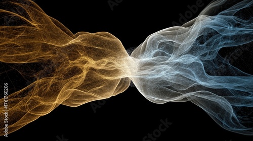 Futuristic abstract concept of gold and blue particle streams colliding in dynamic energy flow