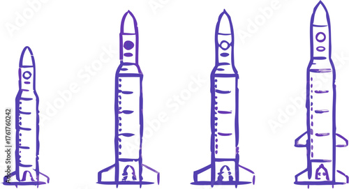 Hand-drawn rockets soar with futuristic, playful charm, ideal for space exploration themes, innovative tech startups, and vibrant science education projects