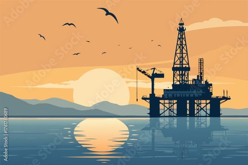 Sunrise paints the sky over a vast, still ocean, illuminating a solitary offshore drilling rig at dawn.