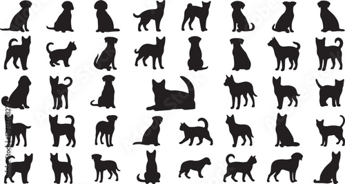 Silhouettes of dogs and cats in various poses forming a black and white collage