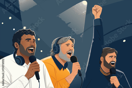 Sports commentators excitedly announcing during a thrilling final.