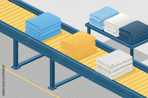 Flat geometric folded textiles on a conveyor.