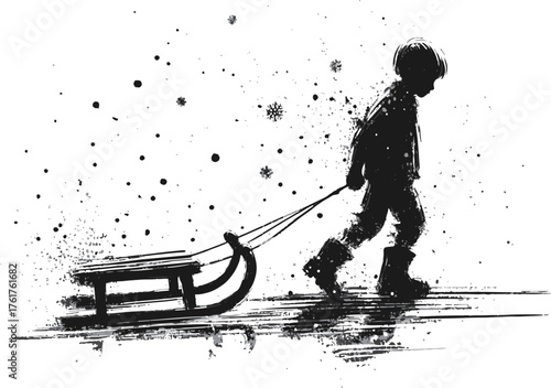  A black-and-white stencil-style illustration of a child pulling a sled through a spray of ink dots. Evokes winter, movement, solitude, and playful outdoor motion with an artistic edge1