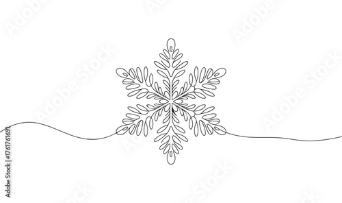 Intricate symmetrical snowflake with leaf-like branches and horizontal line in minimalist style for winter design, decor, and festive art