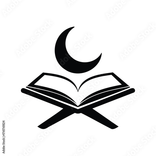 Elegant depiction of the Quran and Crescent Moon in black silhouette