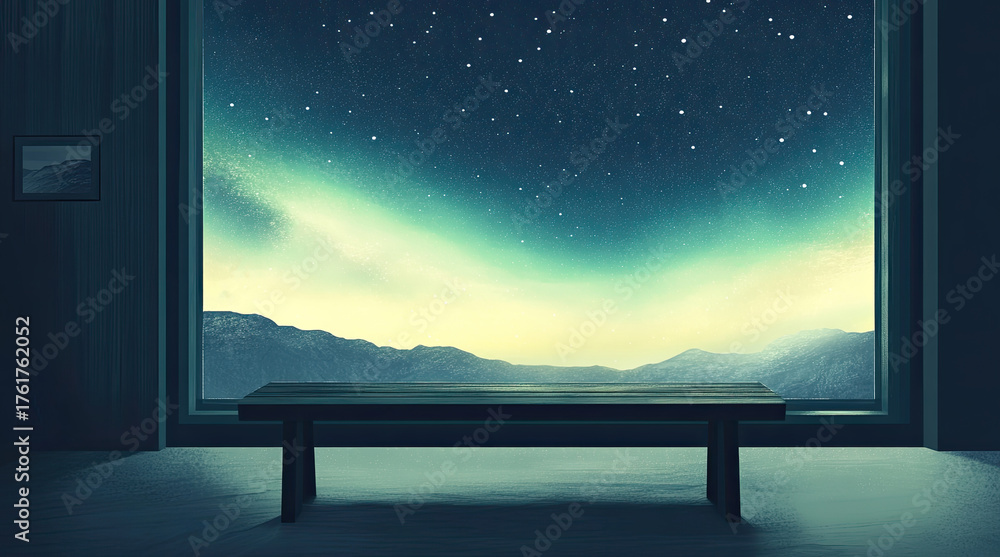 Fototapeta premium An illustration of a bench indoors with a view of the aurora through the window