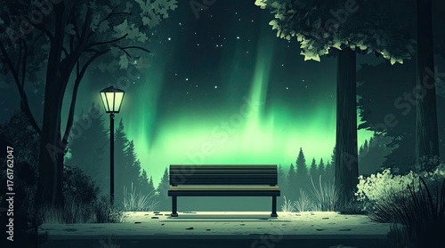 An illustration of a bench with a view of the aurora