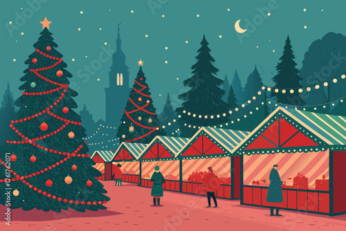 A flat, realistic illustration of a vibrant Christmas night market, filled with colorful lights, stalls, and festive atmosphere.