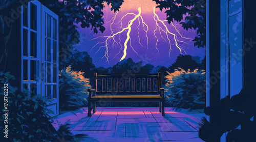 An illustration of a bench on a house terrace with a view of lightning