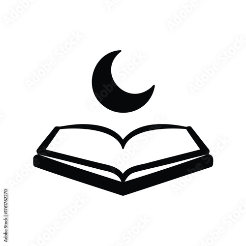 Minimalistic illustration of an open book topped by a crescent moon symbol