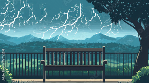An illustration of a bench with a view of lightning