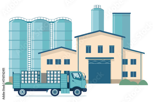 Delivery truck being loaded with milk crates at a factory.