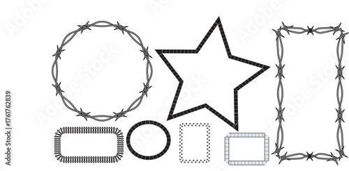Assorted graphic shapes including star and barbed wire frames on white background