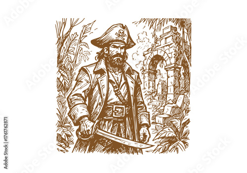 Pirate Captain hand drawn simple sketch vector illustration