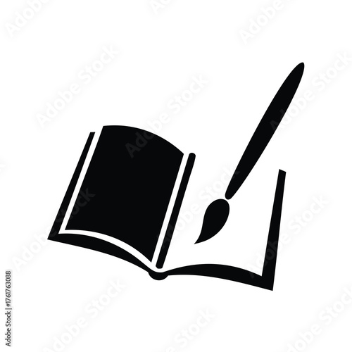 Open book illustration with a paintbrush leaning on the pages in black color