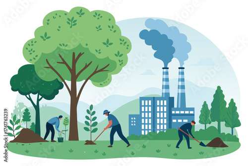Flat, realistic illustration depicting a thriving, sustainable economy with eco-friendly practices integrated into urban and rural life.
