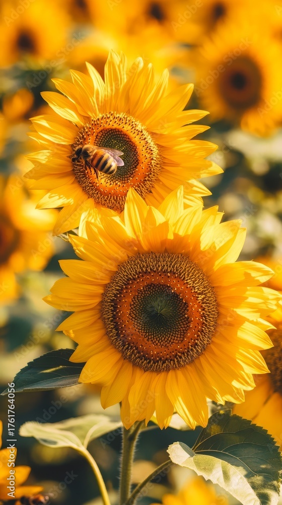 Fototapeta premium Vibrant sunflowers in full bloom with a honey bee collecting pollen, showcasing nature's symbiotic relationship in a sunny field