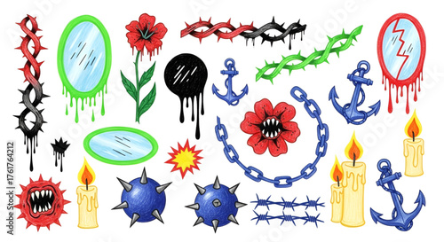 Tattoo flash sheet design with flowers anchors and candles in traditional style drawing illustration