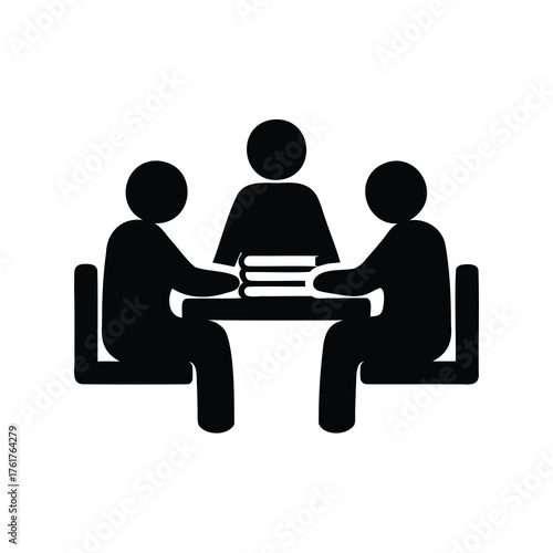 Three people are sitting around a table in a business meeting