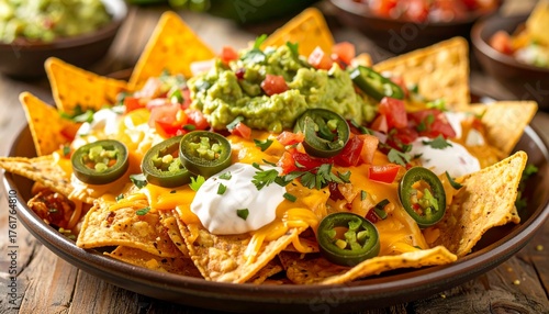 Loaded nachos topped with melted cheese, seasoned ground beef, jalapeño slices, and a generous scoop of guacamole, served on a dark plate with salsa on the side