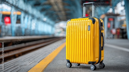 A vibrant yellow suitcase stands on a train platform, suggesting travel and anticipation