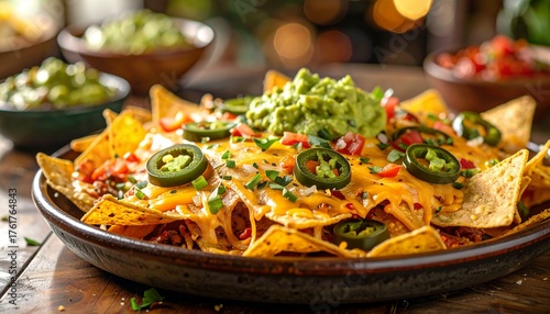 Loaded nachos topped with melted cheese, seasoned ground beef, jalapeño slices, and a generous scoop of guacamole, served on a dark plate with salsa on the side