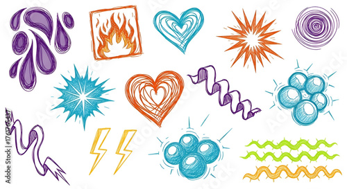 Doodle art design elements vector set hearts fire lightning drops waves ribbons stars and circles sketch style