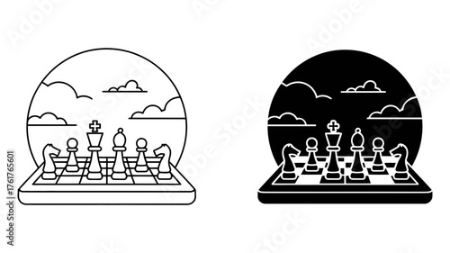 Vector art of chess pieces on a chessboard icon set strategy game, competition, and intellectual challenge concept
