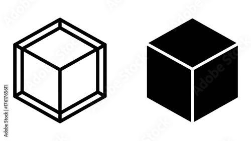 Vector Illustration of a cube, presented in both outline and solid black versions, , perfect for geometric designs