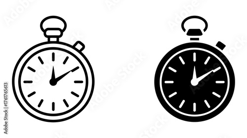 Vector Illustration of a stopwatch, presented in both outline and solid black versions, , perfect for time related themes