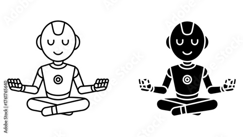 Vector art of robot in meditation pose outline and silhouette, promoting mindfulness and technology integration for wellbeing