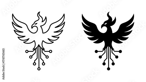 Vector art of phoenix bird with circuit board details, symbolizing rebirth and technology, available in both outline and silhouette styles