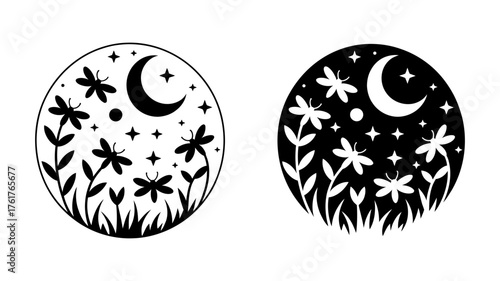 Vector art of two celestial illustrations featuring a crescent moon, stars, flowers, and grass in a circular design, one in positive and one in negative