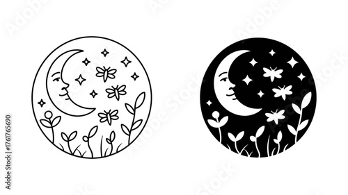 Vector art of dreamy crescent moon, surrounded by stars and butterflies, creating a magical and enchanting celestial scene