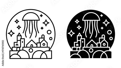 Vector art of enchanting underwater city with jellyfish guardian a whimsical line art illustration of a dreamlike cityscape
